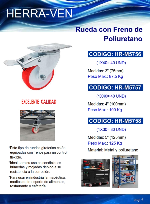 RUEDA POLIURET GIRAT 5" C/FRENO - MAX 125KG