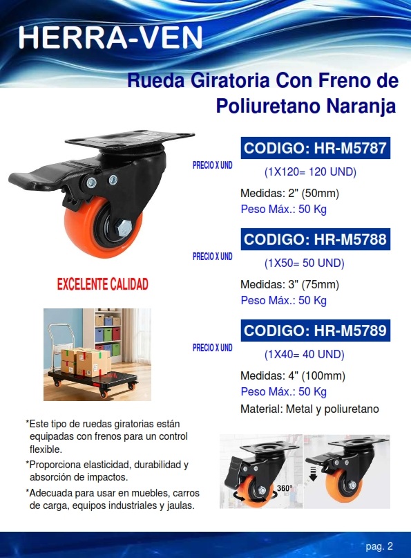 RUEDA NEGRA POLIUR NARANJA - GIRAT 3" C/FRENO - MAX 100KG