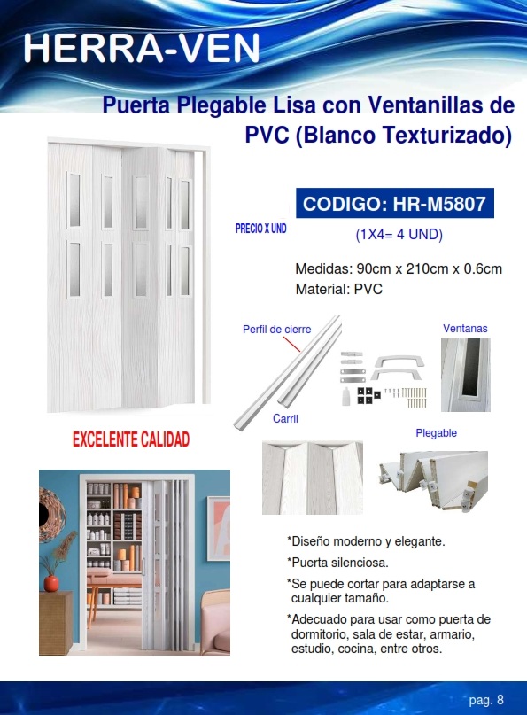 PUERTA PVC PLEGABLE BLANCO TEXT C/VENTANILLA 90cmx210cmx0.61