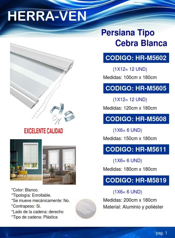 PERSIANA T/CEBRA BLANCA - 2 X 1,8 MTS - ALUM Y POLIESTER