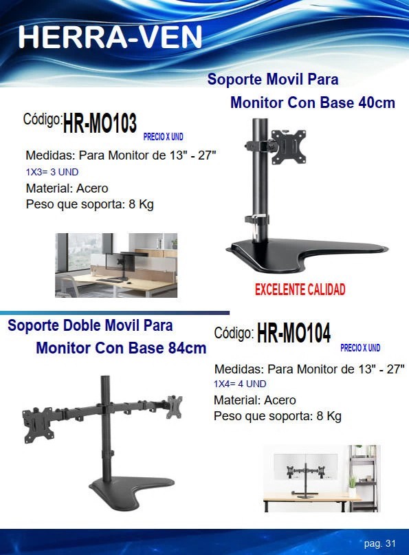 SOPORTE MOVIL DOBLE P/MONITOR 13" A 27" METALICO - C/BASE - 