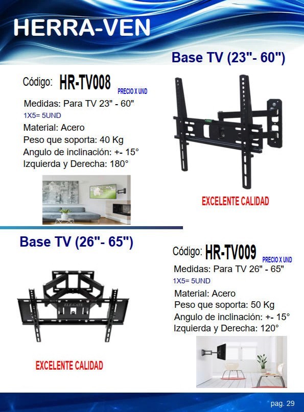 BASE TV (25¨- 65¨) ACERO - MAX 50KG - INCLINACION 15G