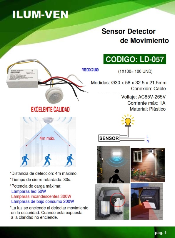 SENSOR DETECTOR MOVIMIENTO - 1AMP - MAX 50W - PLAST
