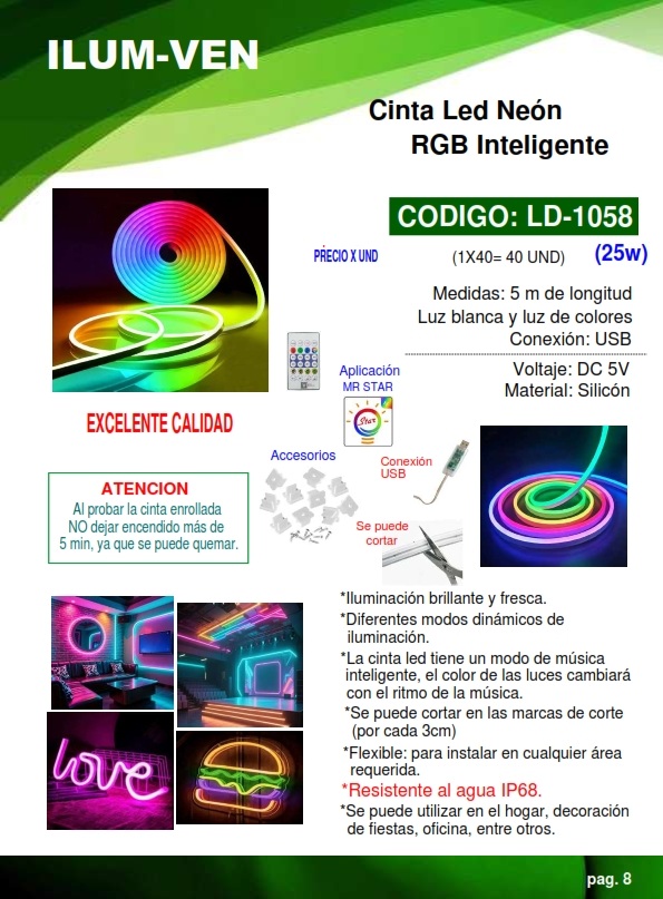 CINTA NEON SILICON RGB 25W X 5M - 5V - USB - IP68