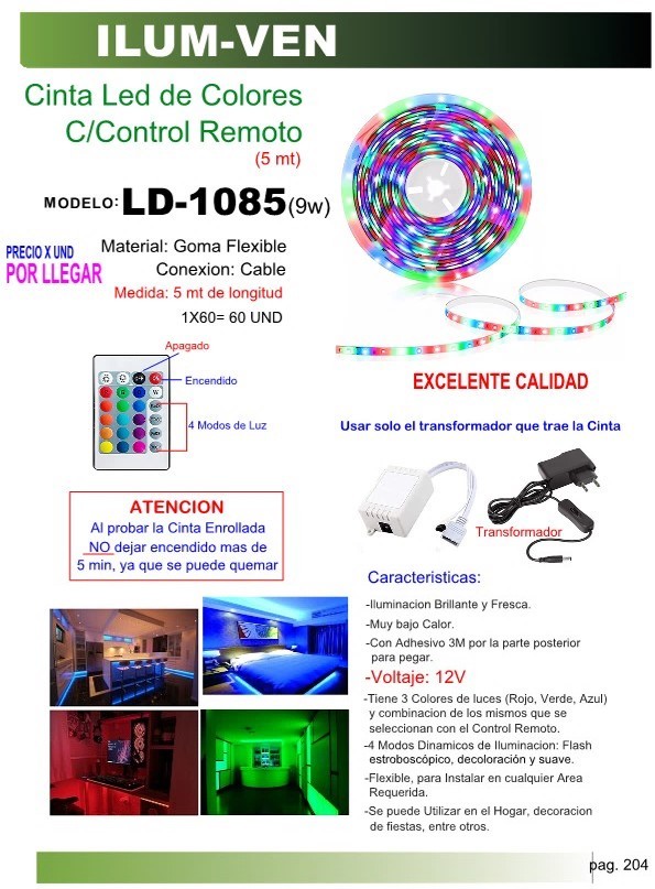 CINTA LED COLORES C/CONTROL 12v x 5mt