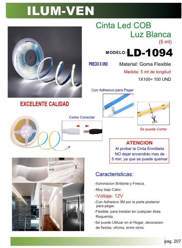 CINTA LED 12V COB LUZ BLANCA (5 MT) ADHESIV