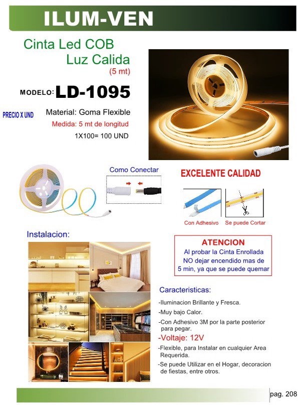 CINTA LED 12V COB LUZ BLANCA CALIDA (5 MT) ADHESIV