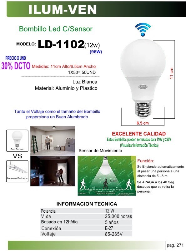 BOMBILLO LED SENSOR MOVIMIENTO 85-265v