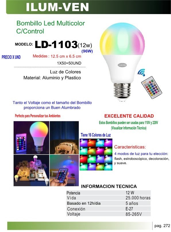 BOMBILLO LED MUTICOLOR C/REMOTO 85-265v