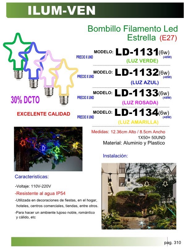 BOMB FILAM LED ESTRELLA (6W) LUZ VERDE