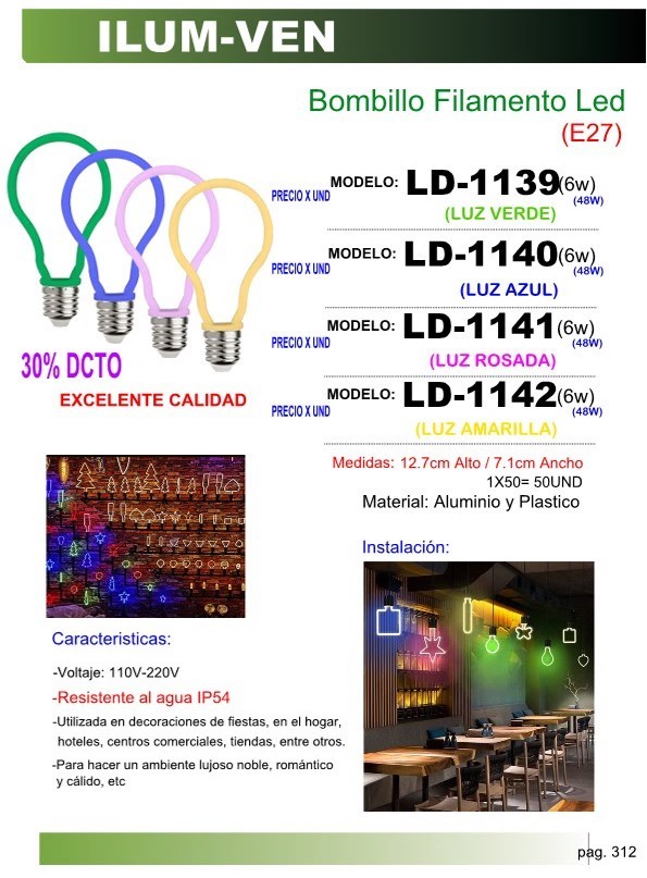 BOMB FILAM LED (6W) LUZ VERDE