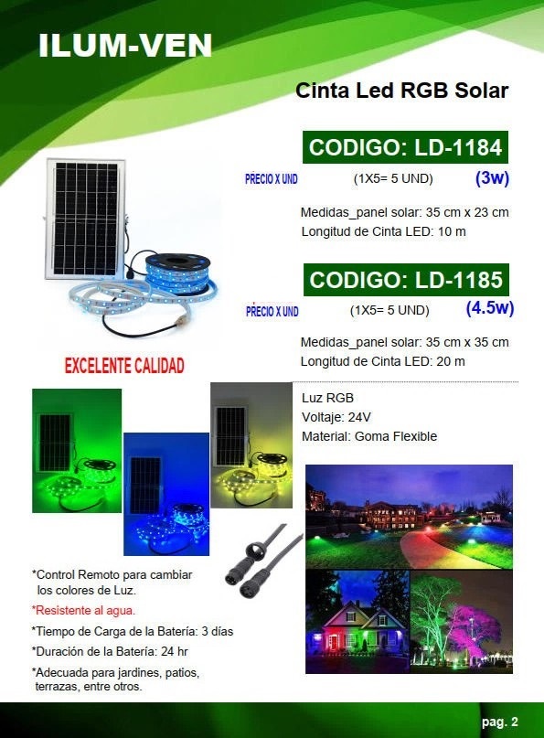 CINTA RGB 4,5W SOLAR 24V X 20MTS - GOMA FLEX - 3DIAS CARGA -