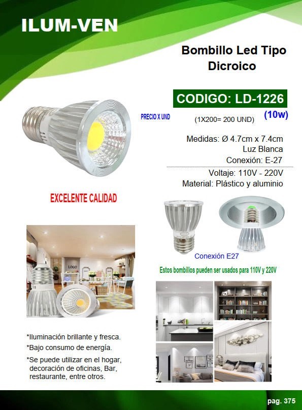BOMB LED DICROICO 10W - LUZ BLANCA - E-27 - 110-220V - 4,7X7