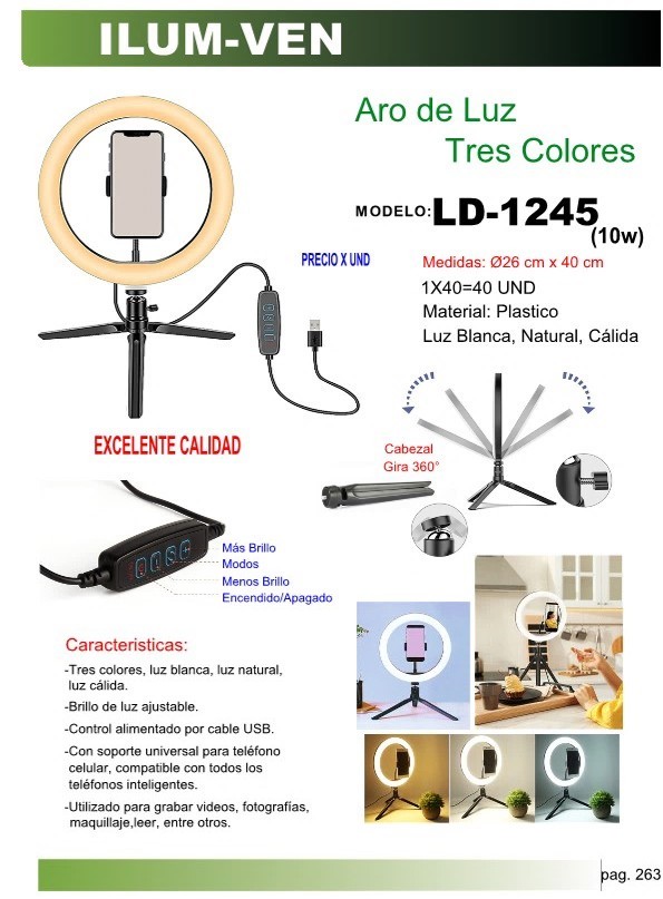ARO LUZ - TRES COLORES (10W) USB - BASE GIRATORIA