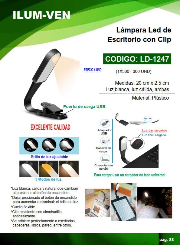 LAMP LED CLIP NEGRA P/ESCRITORIO 3 COLORES 20X2,5CM PLAST