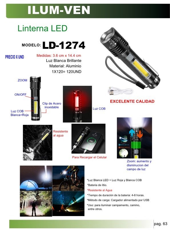 LINTERNA LED RECARGABLE SOLAR COB+LUZ ROJA