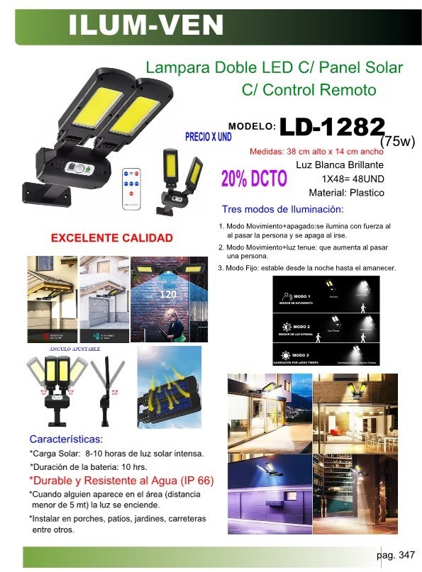 LAMP SOLAR DOBLE LED C/REMOTO 38x136cm IP66