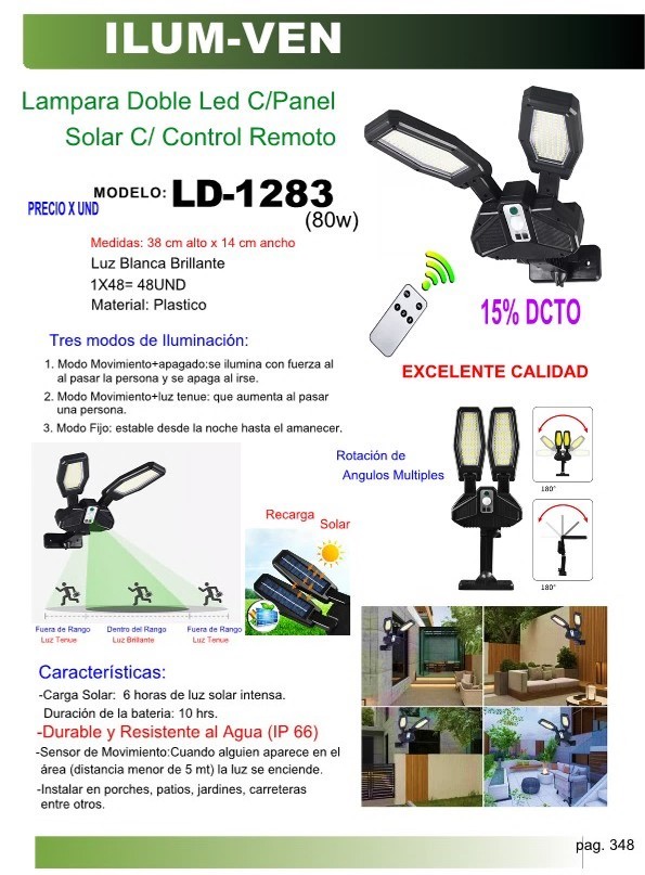LAMP DOBLE LED C/PANEL SOLAR C/CONTROL REMOTO (80W)