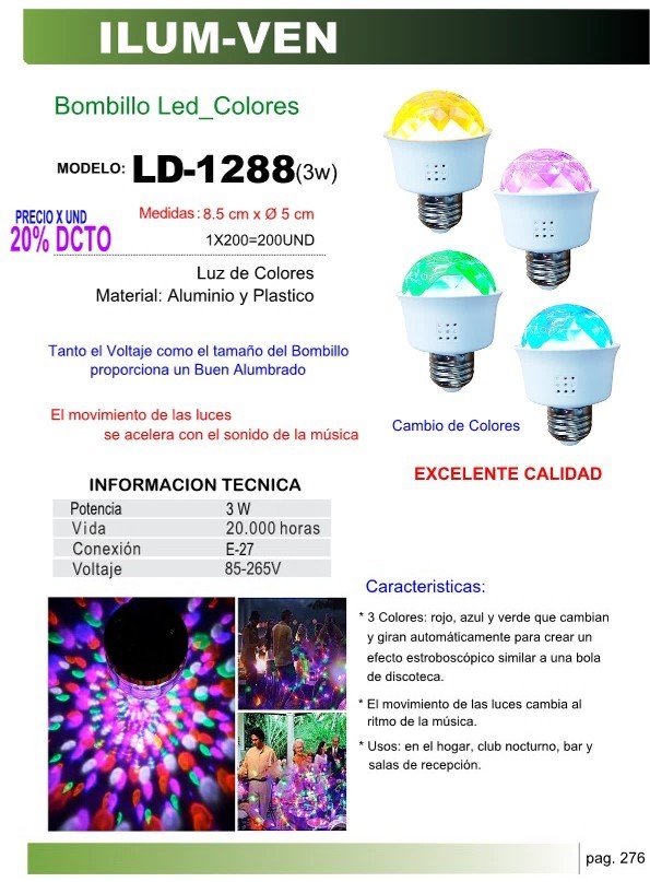 BOMBILLO LED 3 COLORES GIRATORIO/MOV AUTOM/BOLA DISCOTECA