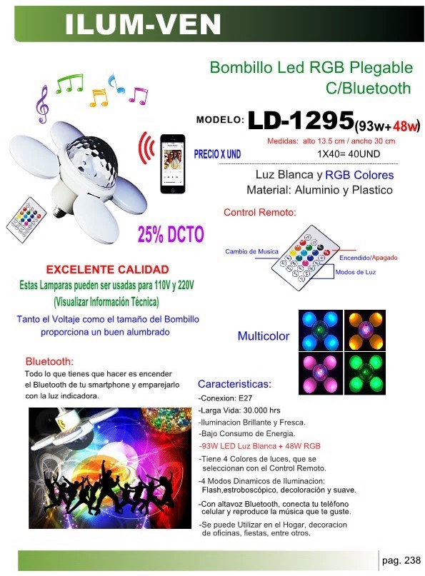 BOMBILLO DE ASPAS BLUETOOTH 9348W