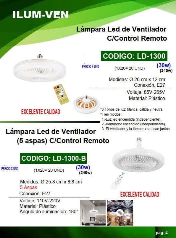 LAMPARA LED 30W VENTILADOR C/CONTROL - PLAST - 5 ASPAS - E27