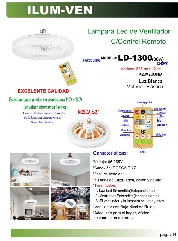 LAMPARA LED 30W VENTILADOR C/CONTROL - PLAST - 3MODOS E27 11