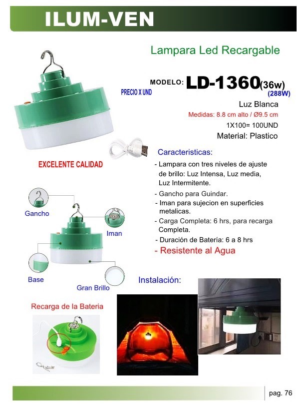 Lamp 36W RECAR USBC/IMAN CARGA 6HRS BAT 6A