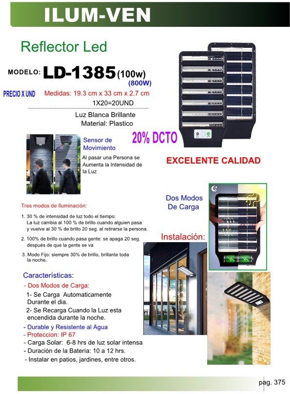 REFLECTOR LED SOLAR -DOBLE MODO CARGA - 100W  19X33CM