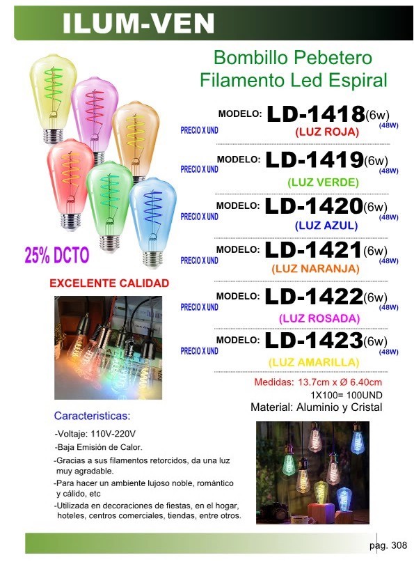BOMB PEBETERO FILAM LED ESPIRAL (6W) L/ROJA 110-220V