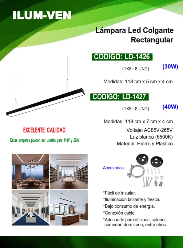 LAMP COLGANTE RECT NEGRA - 30W - 6500K - 118 X 5 CM ALUM