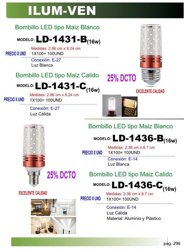 BOMBILLO LED TIPO MAIZ BLANCO (E-14) (16W)