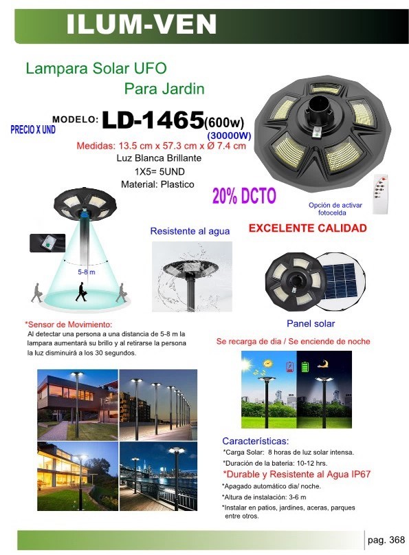 LAMP SOLAR 600W UFO P/JARDIN LUZ BLANCA 13,5CM X58CM IP67 3 