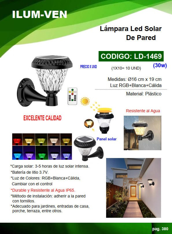LAMP LED SOLAR P/PARED 30W PLAST - 16X19CM - BAT3,7V - RGB+B
