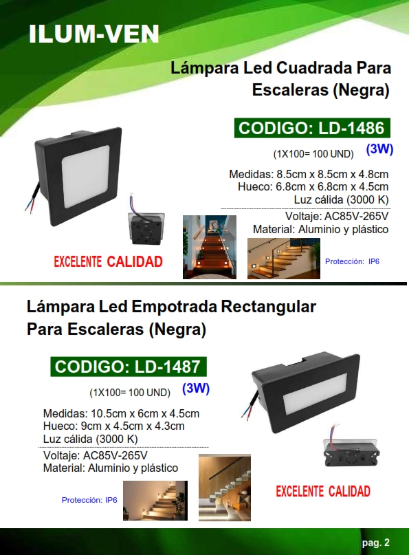 LAMP EMPOT NEGRA 3W - RECTANG - P/ESCAL - PLAFON - 3000K - 1