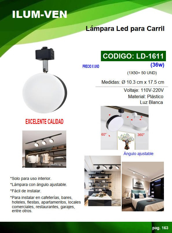LAMP LED P/CARRIL 36W - AJUST - PLAST NEGRO - LUZ BLANCA - 1