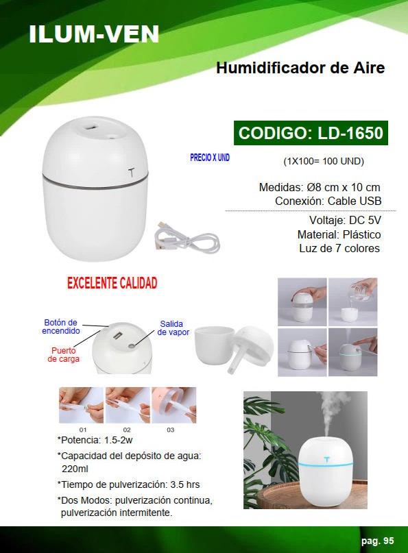 MINI HUMIDIFICADOR D/AIRE RECARGABLE - 220ML - 2W - 8x10CM -