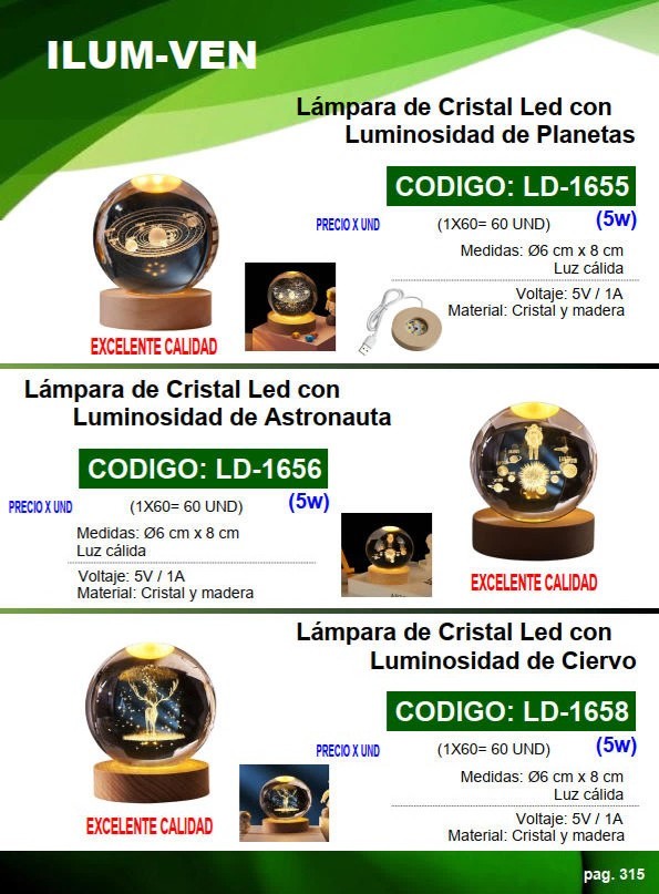 LAMP CRISTAL MODELO PLANETAS - 5W - 5V -1AMP - CALIDA - 6X8C
