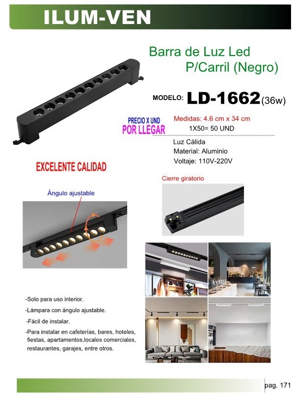 BARRA LED P/CARRIL NEGRO 36W LUZ CALIDA 4,6X34CM
