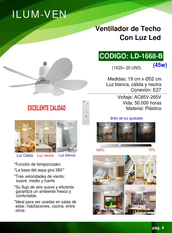 LAMP LED C/VENTILADOR 3 TONOS - 45W - E27 - 19CMX52CM - PLAS