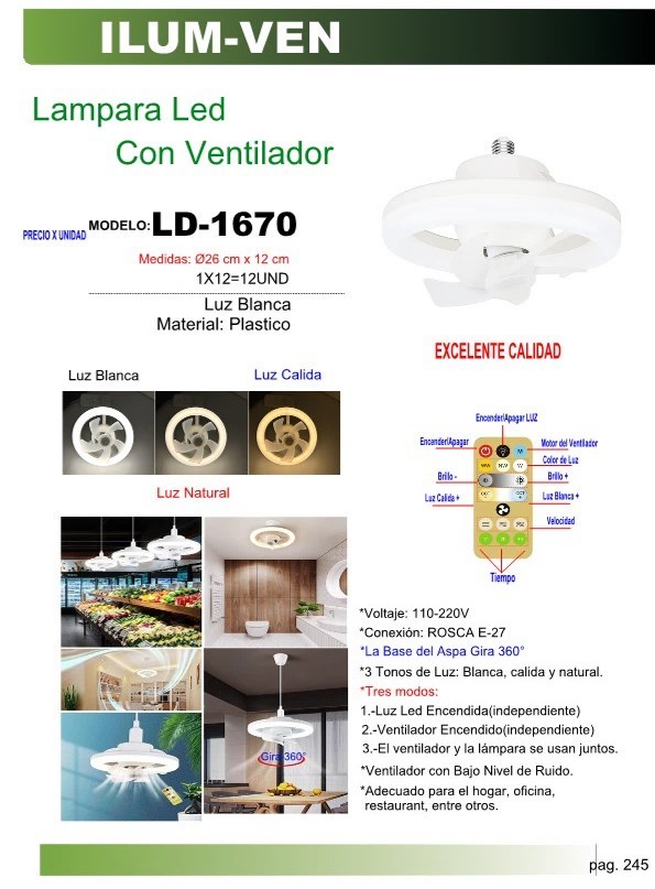 LAMP  LED VENTILADOR 30W E27 3MODOS LUZ (BLANCA, CALIDA, AMA