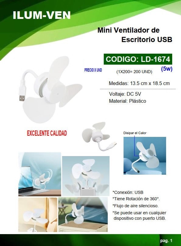 MINI VENTILADOR BLANC USB 5W - 5VA - PLAST - 13,5X18,5CM - 3