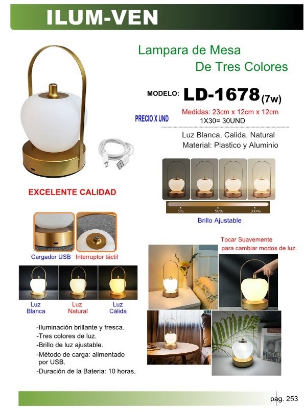 LAMPARA D/MESA TRES COLORES 7W 23X12CM CARGA USB