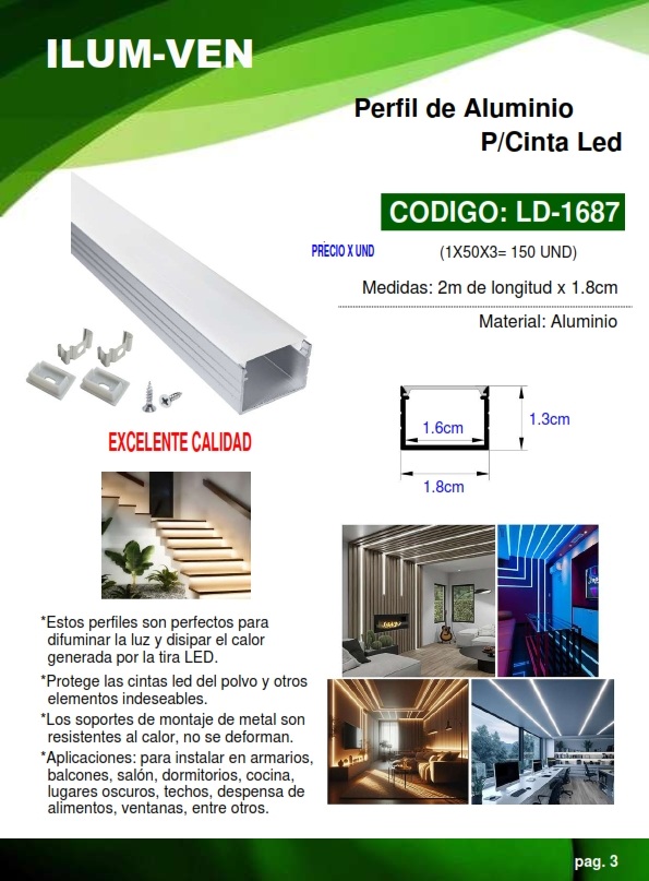 PERFIL TIPO U SUPERFICIAL P/CINTA LED 1,8CM X 2MTS