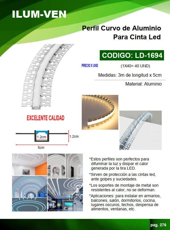 PERFIL CURVO P/CINTA LED - 3MT - ALUM - INTERNO 1,2CM X ANCH