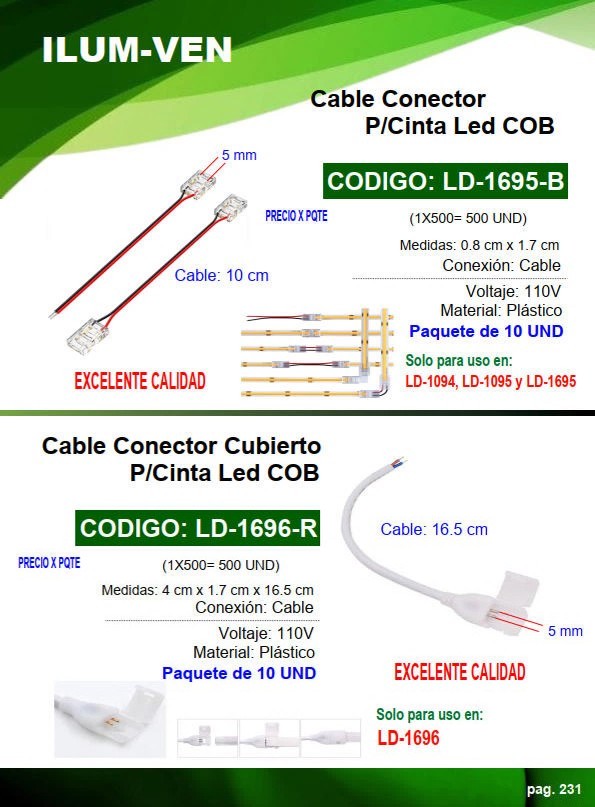 CABLE CONECTOR CUBIERT P/CINTA LED COB (10UND) - 110V - SOLO