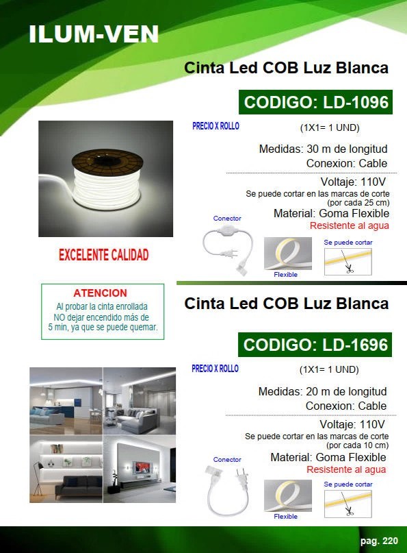 CINTA LED COB LUZ BLANCA - 20m - 110V