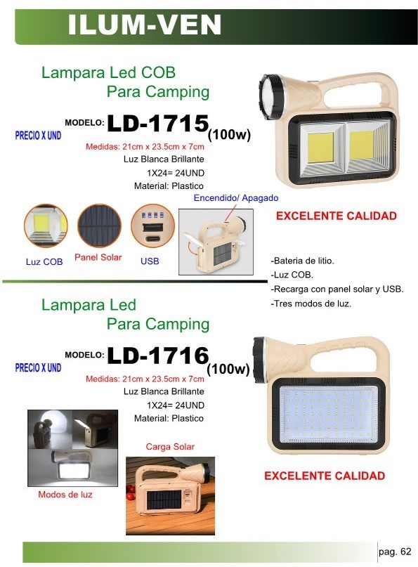 LAMPA LED COB P/CAMPING SMD 100W SOLAR + USB 3MODOS 21X23CM