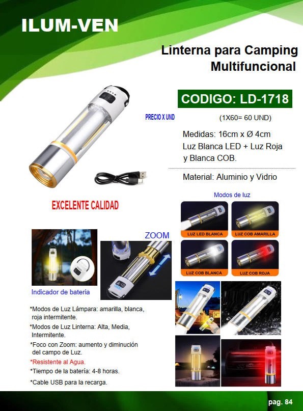 LINTERNA P/CAMPING MULTIFUNC - USB - LED-CALIDA-ROJA - ZOOM 