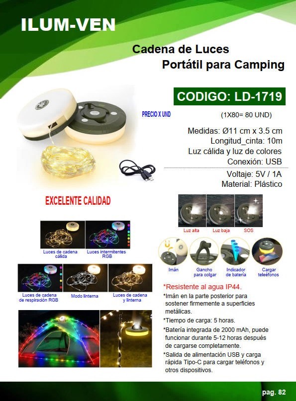 CADENA LUCES P/CAMPING - 10 MTS - CALIDA - COLORES - USB 5V 