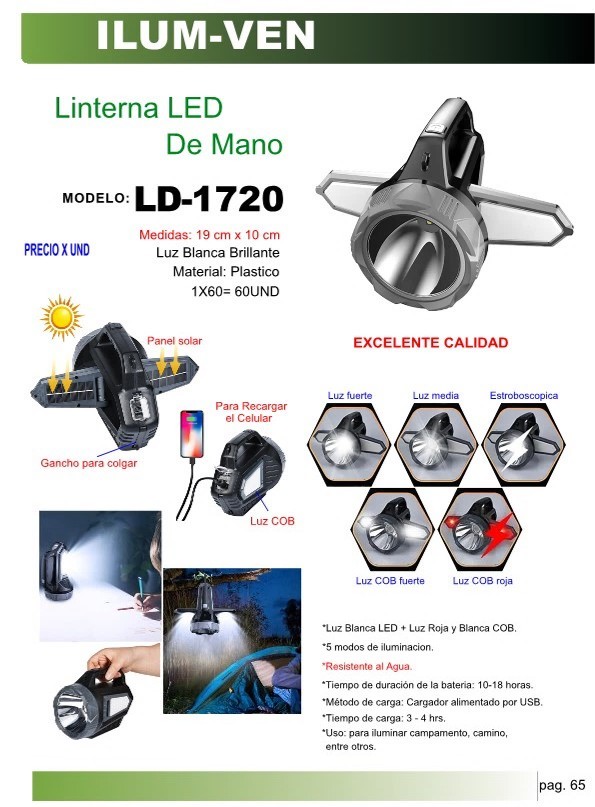 LINTERNA LED MANUAL COB BLANCA - ROJA - 4 HR CARGA - 10 USO